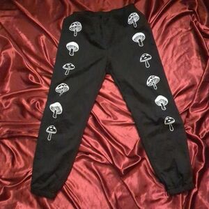 Black Kids Joggers with White Mushroom Print
